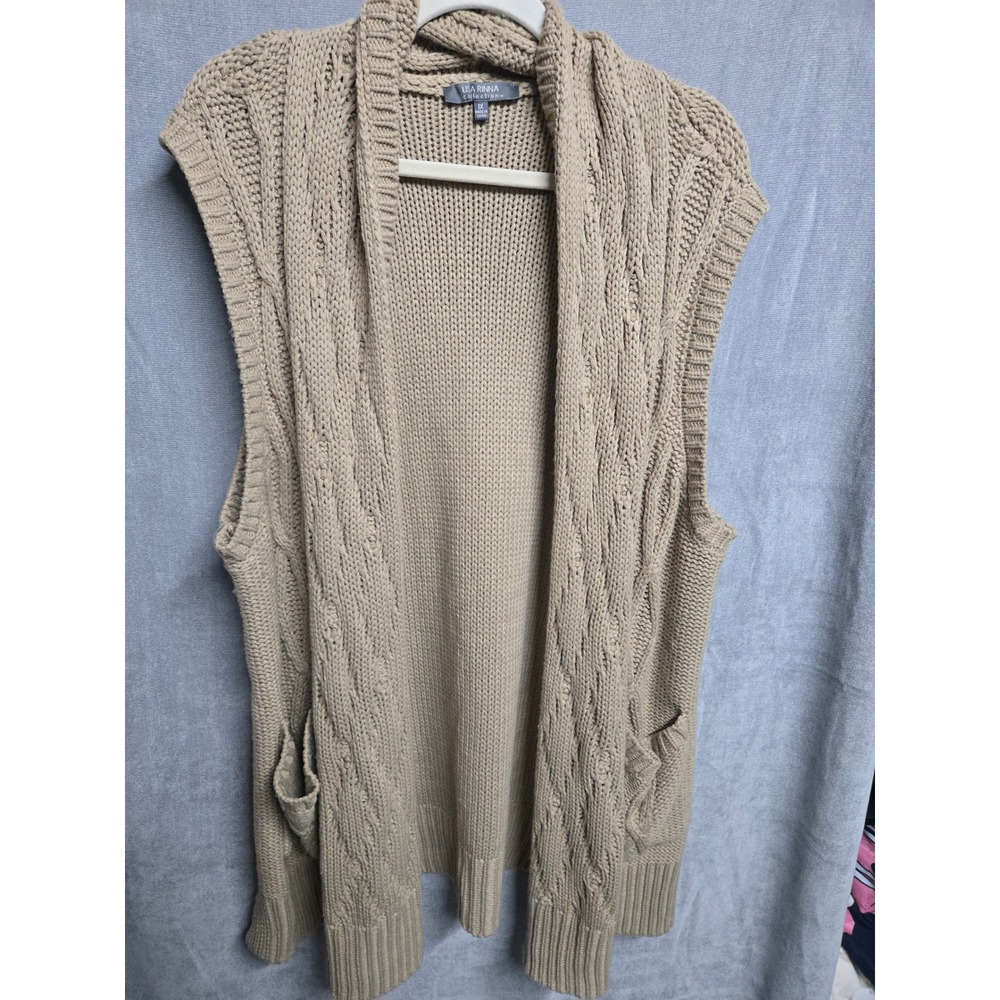 Lisa Rinna Collection Tan Cable Knit Sleeveless Open Front Cardigan Vest 1X